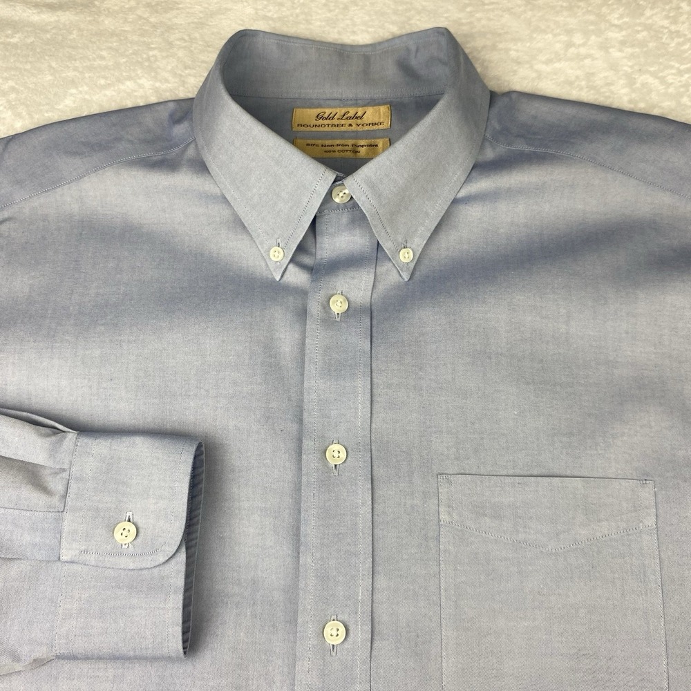 Roundtree & Yorke Gold Label Dress Shirt Mens 17-37 TALL Blue Regular No Iron
